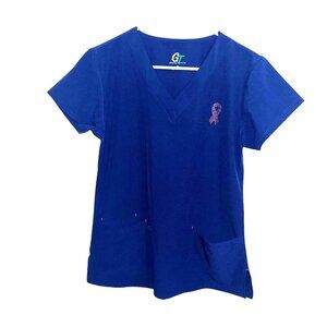 Breast Cancer Awareness Navy Blue Scrub Top With Rhinestone Ribbon Design By GT